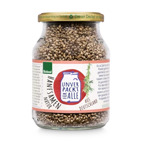 Unverpackte ungeschälte Bio Hanfsamen im Mehrwegglas
