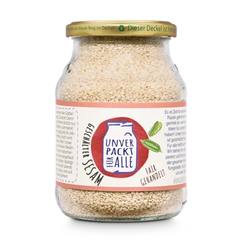Unverpackter geschälter Bio Sesam im Mehrwegglas