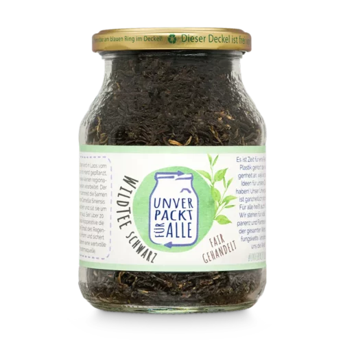 Unverpackter schwarzer Bio Wildtee im Mehrwegglas