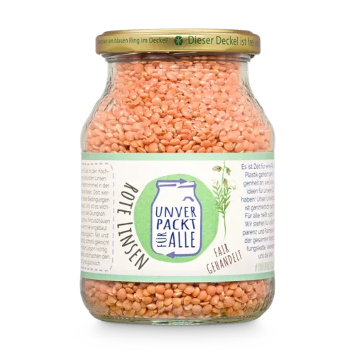 Unverpackte rote Bio Linsen im Mehrwegglas