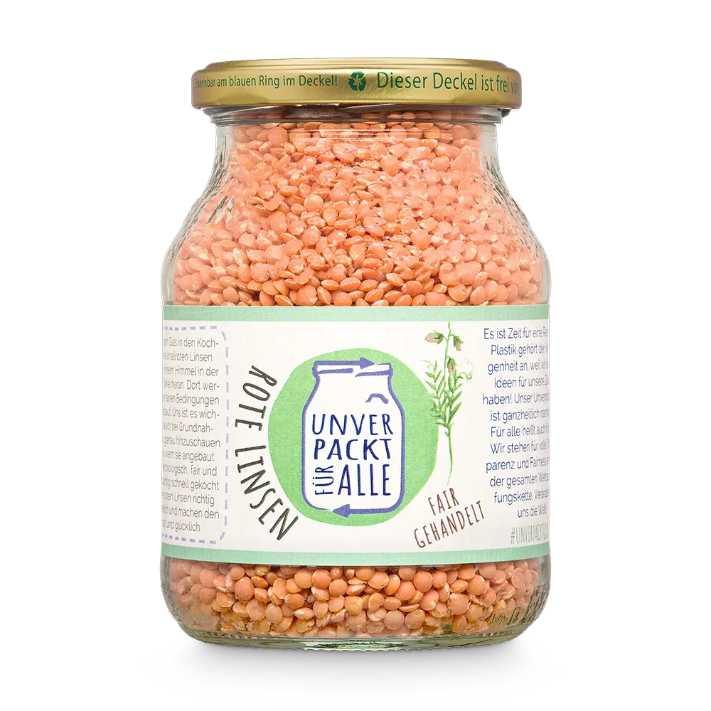 Unverpackte rote Bio Linsen im Mehrwegglas