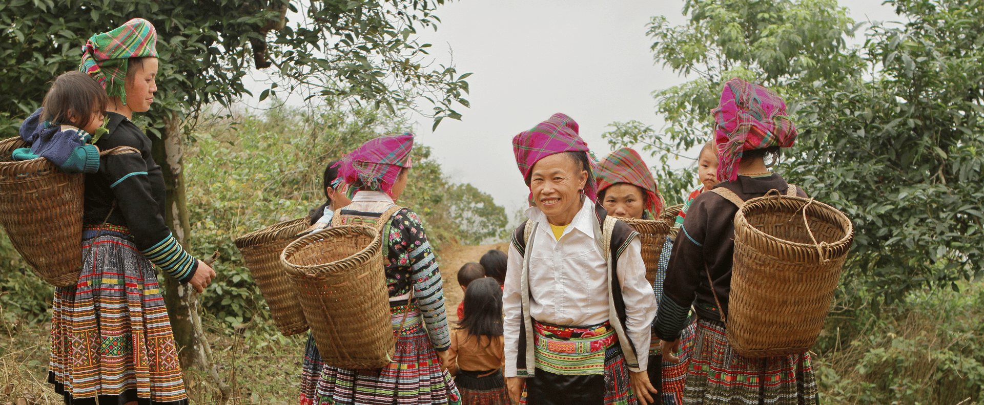 viele laotische frauen mit kindern und bambusrucksäcken auf dem weg zur ernte