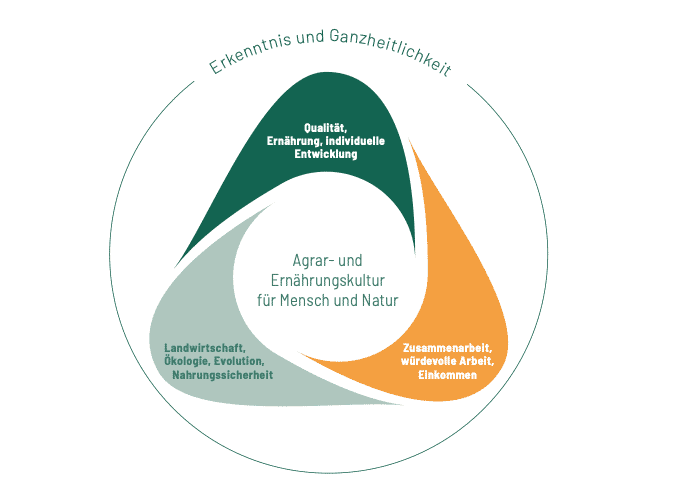 dreieck zum thema agrar- und ernährungskultur für mensch und natur: 1. säule: landwirtschaft, ökologie, evolution, nahrungssicherheit. 2. säule: zusammenarbeit, würdevolle arbeit, einkommen. 3. säule: qualität, ernährung, individuelle entwicklung. kreis um graphik: erkenntnis und ganzheitlichkeit
