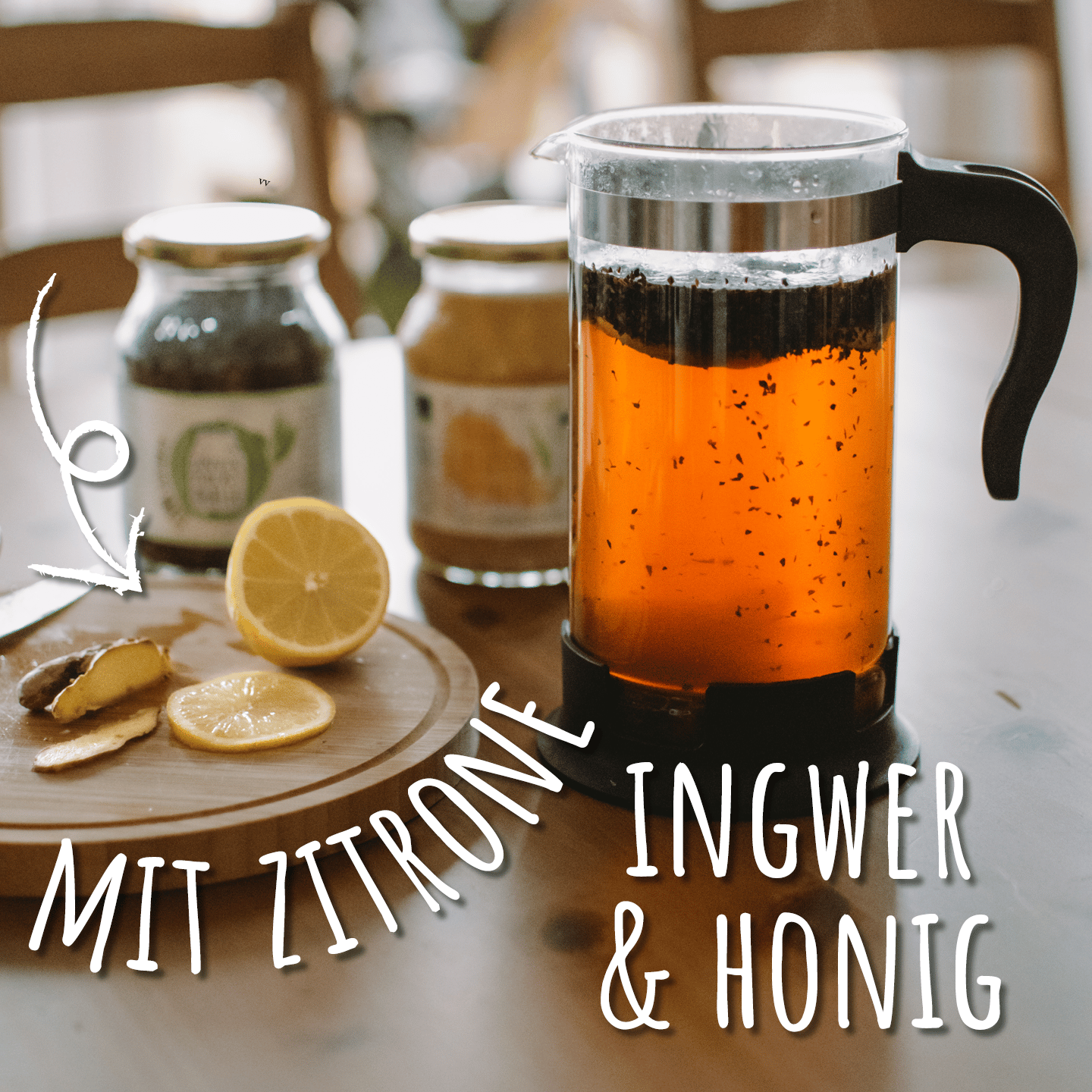 mate tee in french press mit ingwer und zitrone angerichtet