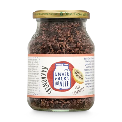 Unverpackte Bio Kakaonibs im Mehrwegglas