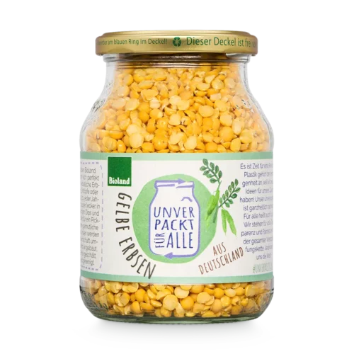 Unverpackte gelbe Bio Erbsen im Mehrwegglas