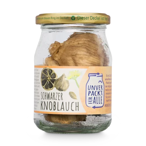 Unverpackter schwarzer Bio Knoblauch im Mehrwegglas