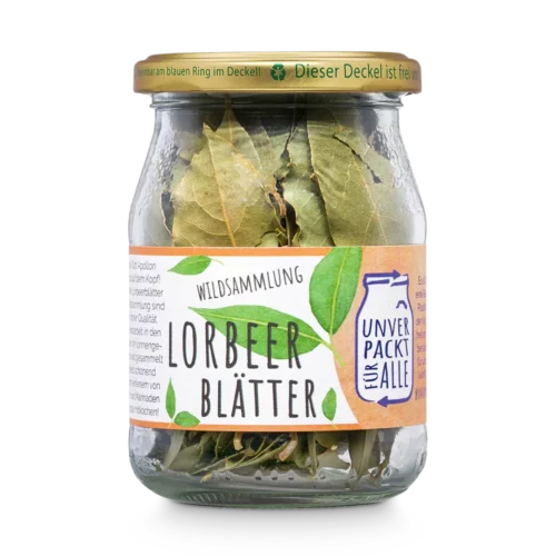 Unverpackte Bio Lorbeerblätter im Mehrwegglas