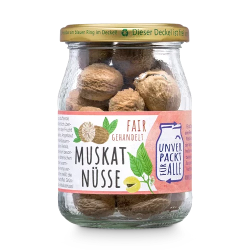 Unverpackte Bio Muskatnüsse im Mehrwegglas
