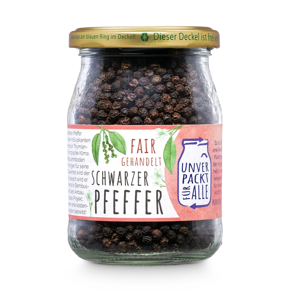 Unverpackter schwarzer Bio Pfeffer im Mehrwegglas