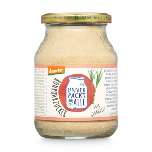 Unverpackter Bio Rohrohrzucker im Mehrwegglas