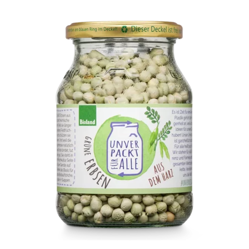 Unverpackte grüne Bio Erbsen im Mehrwegglas